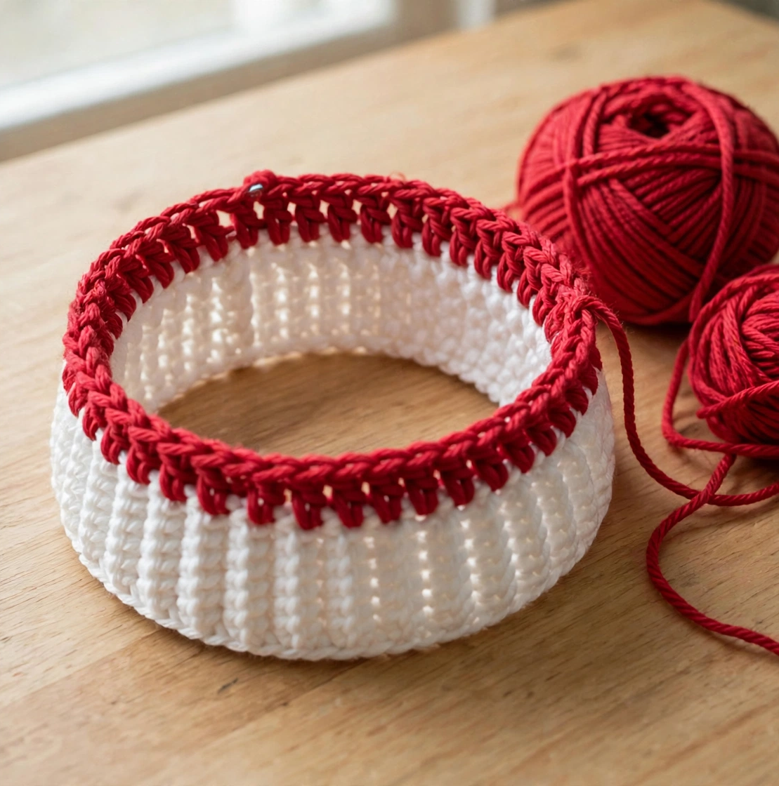 Step 2 – joining the brim ring and starting the red body of the crochet Santa hat pattern