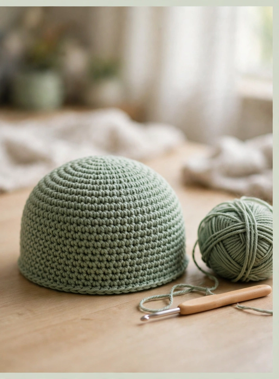 Crochet bear ears hat pattern step 2: the sage green dome-shaped hat body worked in even rounds