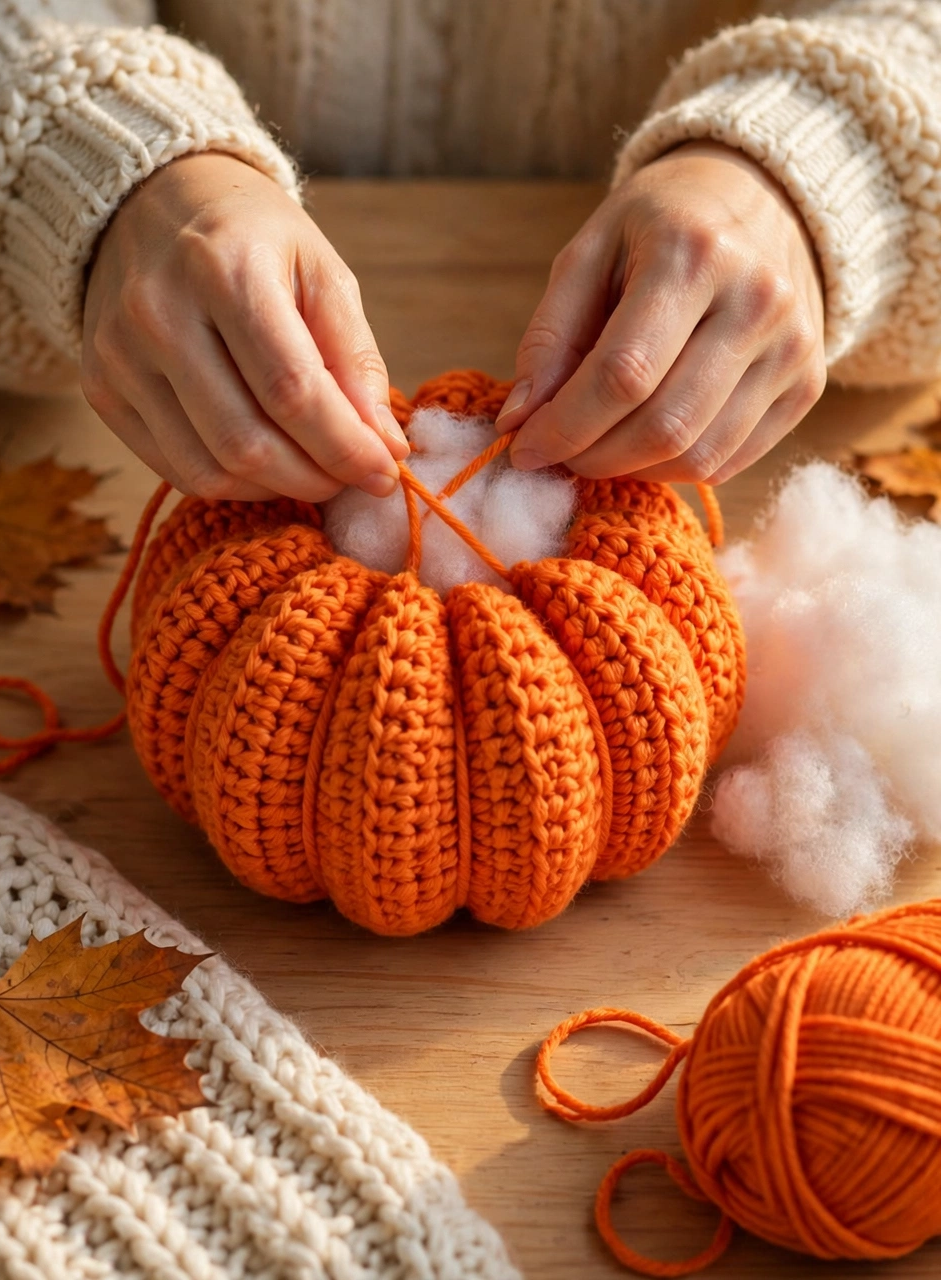 Crochet cat in pumpkin pattern step 2: cinching yarn through the pumpkin to form ridges and stuffing it