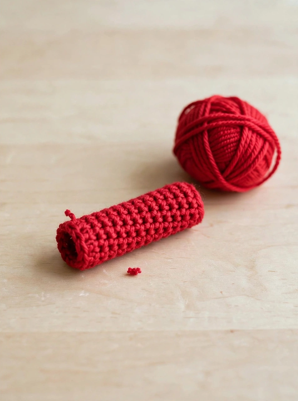Step 2 of the crochet candy cane pattern: crocheting the red base tube