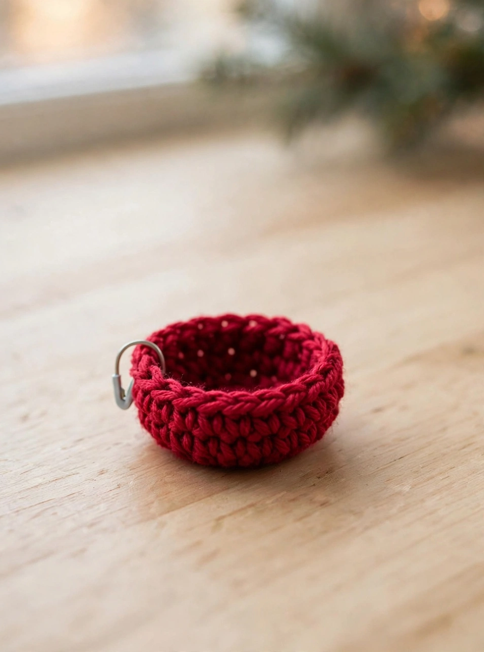 Crochet Christmas stocking pattern step 2: small round toe cup in red yarn with a stitch marker clipped in