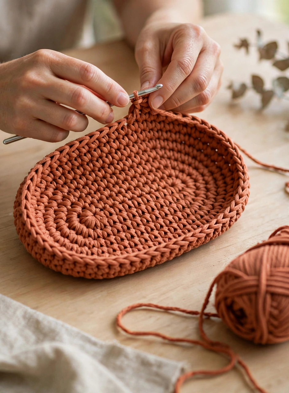 Oval base of the crochet tote bag worked in single crochet rows