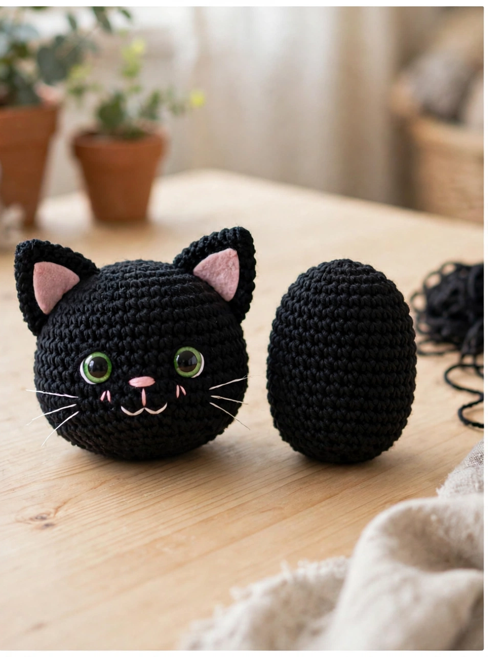 Head and body pieces of the crochet black cat pattern — round head with green eyes and pointed ears beside the oval black body