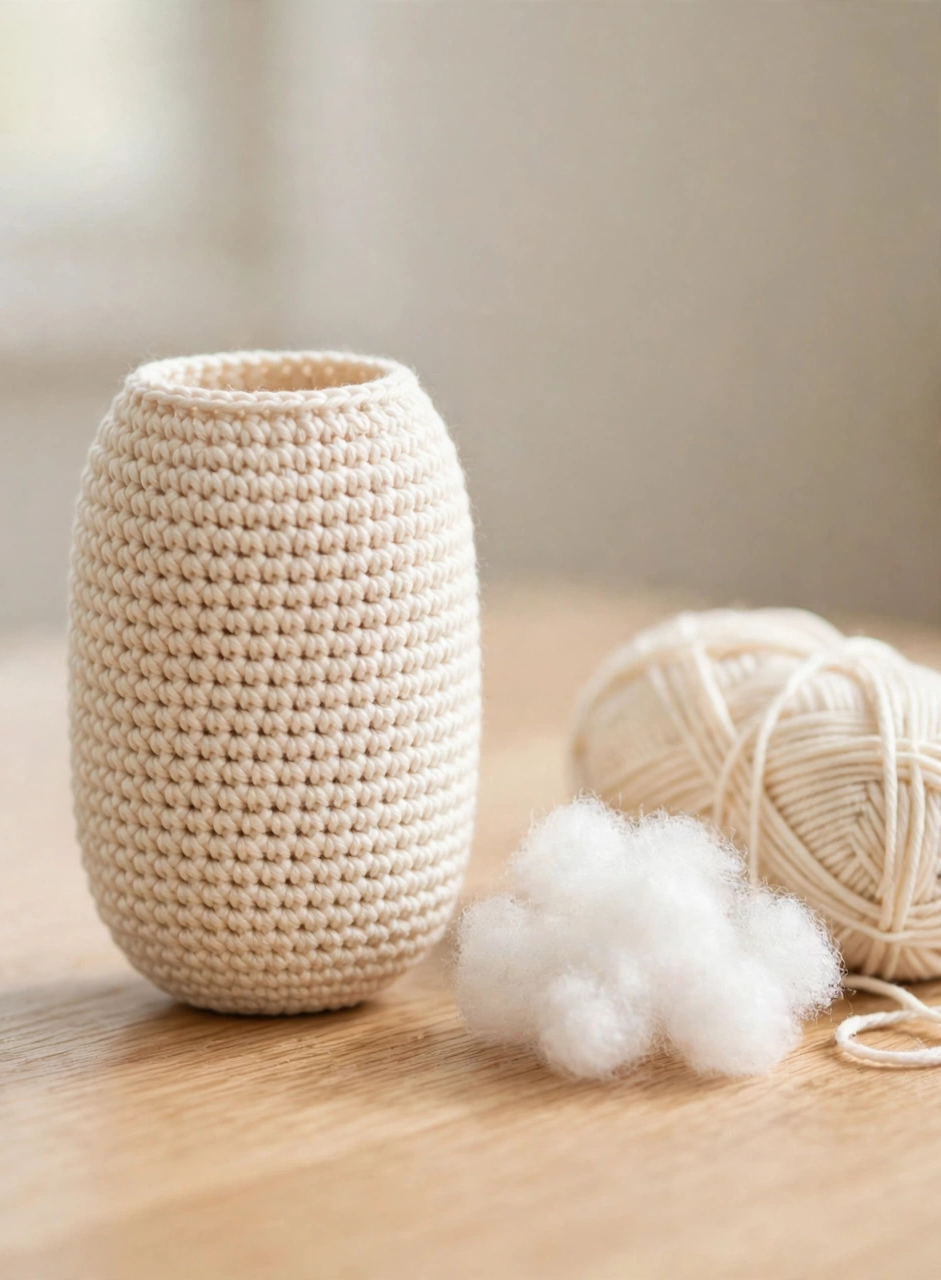 Crocheting the round body for the crochet mummy pattern with fiberfill stuffing beside it