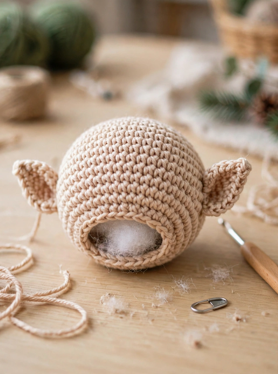 Step 2 of the crochet Christmas elf pattern — shaping and stuffing the round head