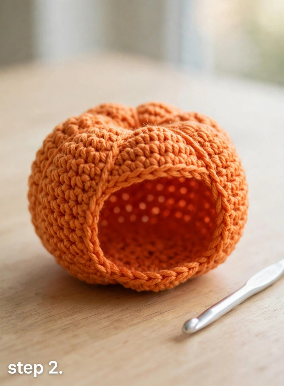 Half-formed orange crocheted pumpkin body being worked - step 2 of the crochet jack-o-lantern pattern