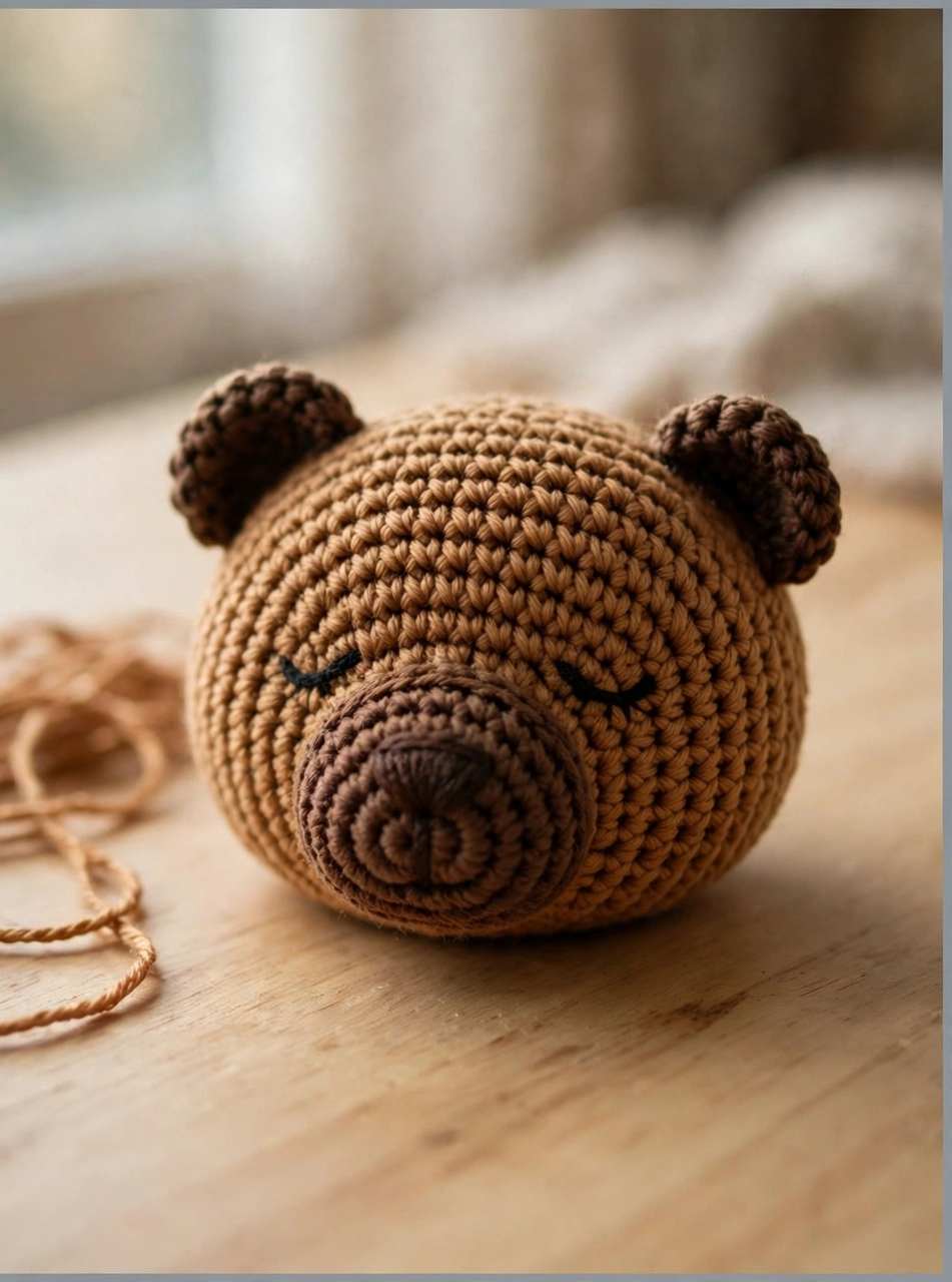 Crochet bear head with a dark brown muzzle and embroidered eyes