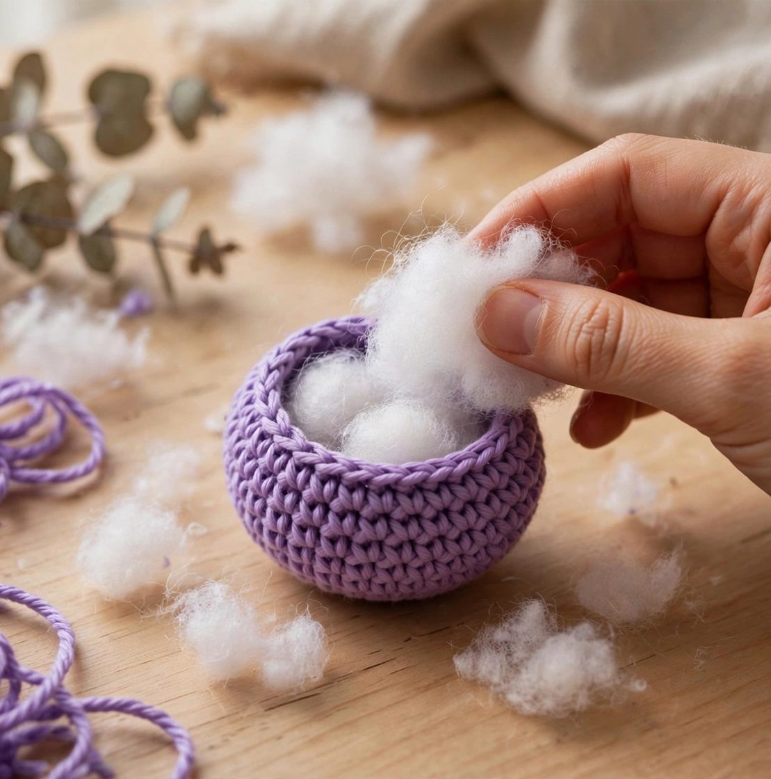 Step 2 of the crochet spider pattern: stuffing the round amigurumi body with fiberfill