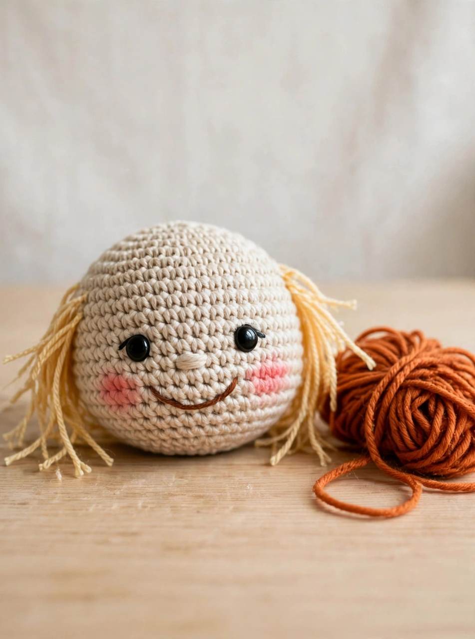 Round oatmeal crochet scarecrow head with button eyes, embroidered smile and rosy cheeks