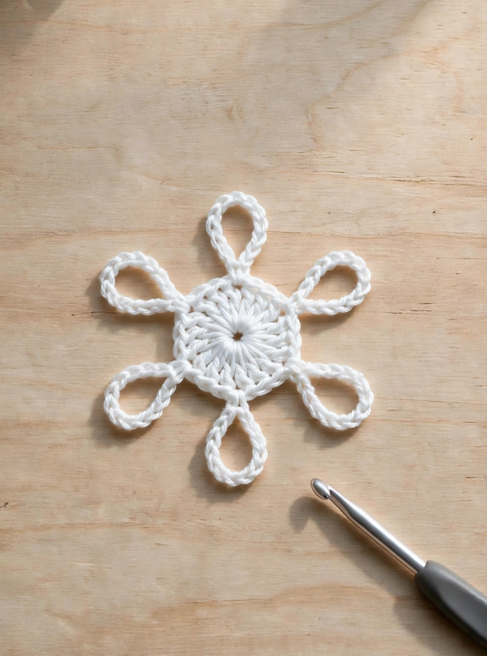 Step 2 of the crochet snowflake ornament pattern: six chain loops worked around the white centre