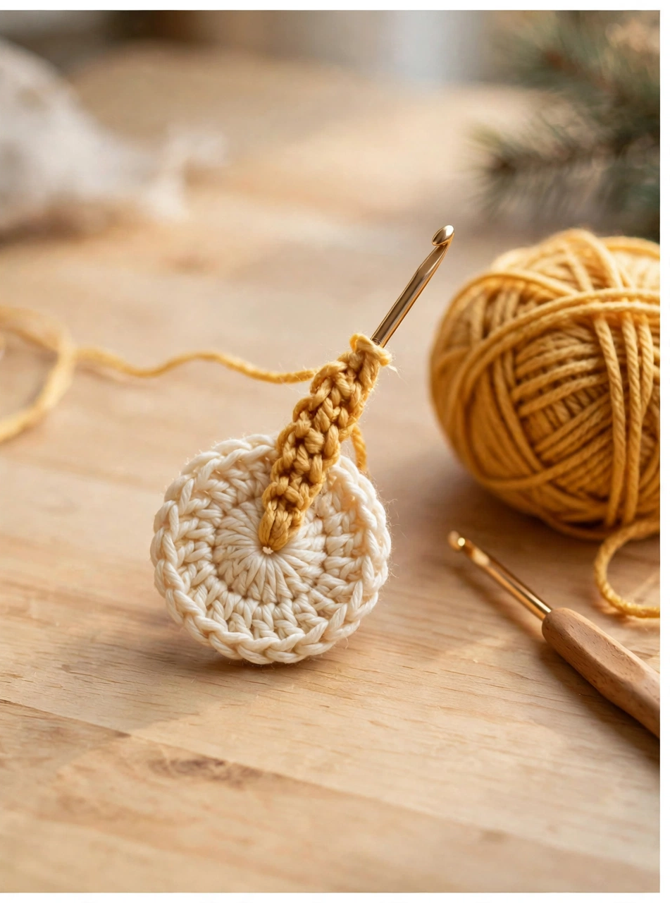 First golden-yellow point worked onto the cream centre of a crochet Christmas star ornament