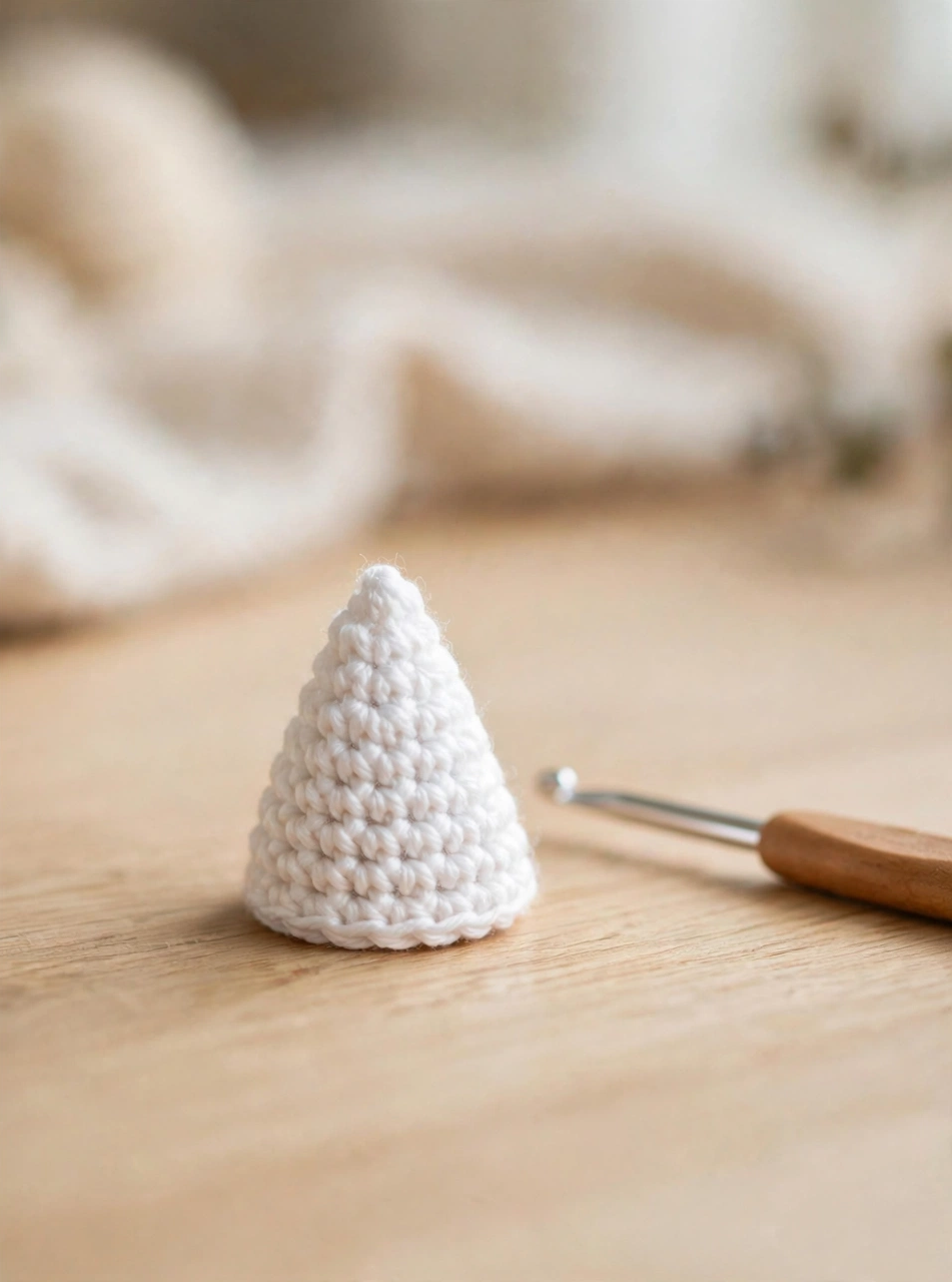 Step 2 of the crochet candy corn pattern: white cone tip with crochet rounds