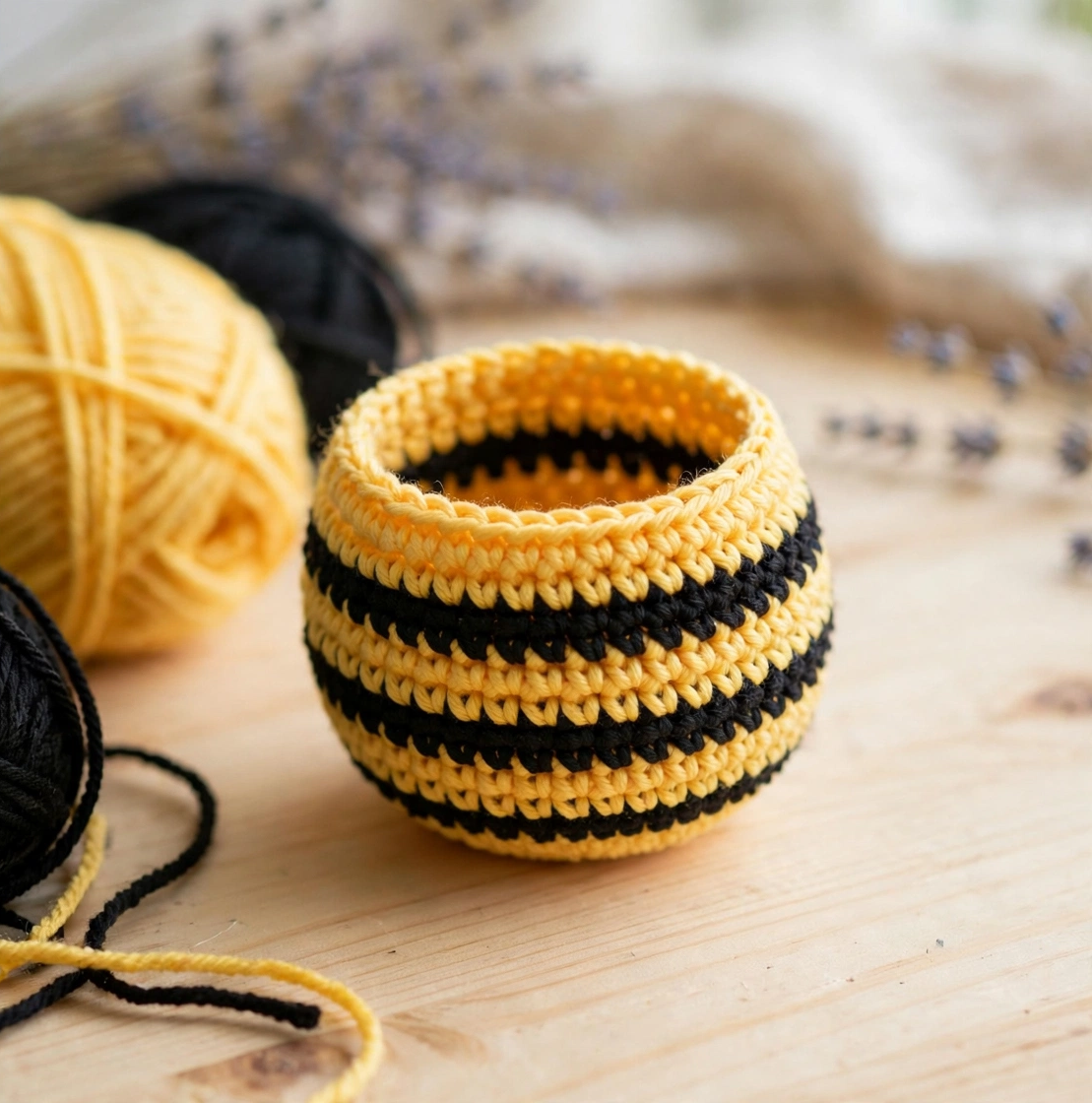 Crocheting the yellow and black striped body of the crochet bee pattern