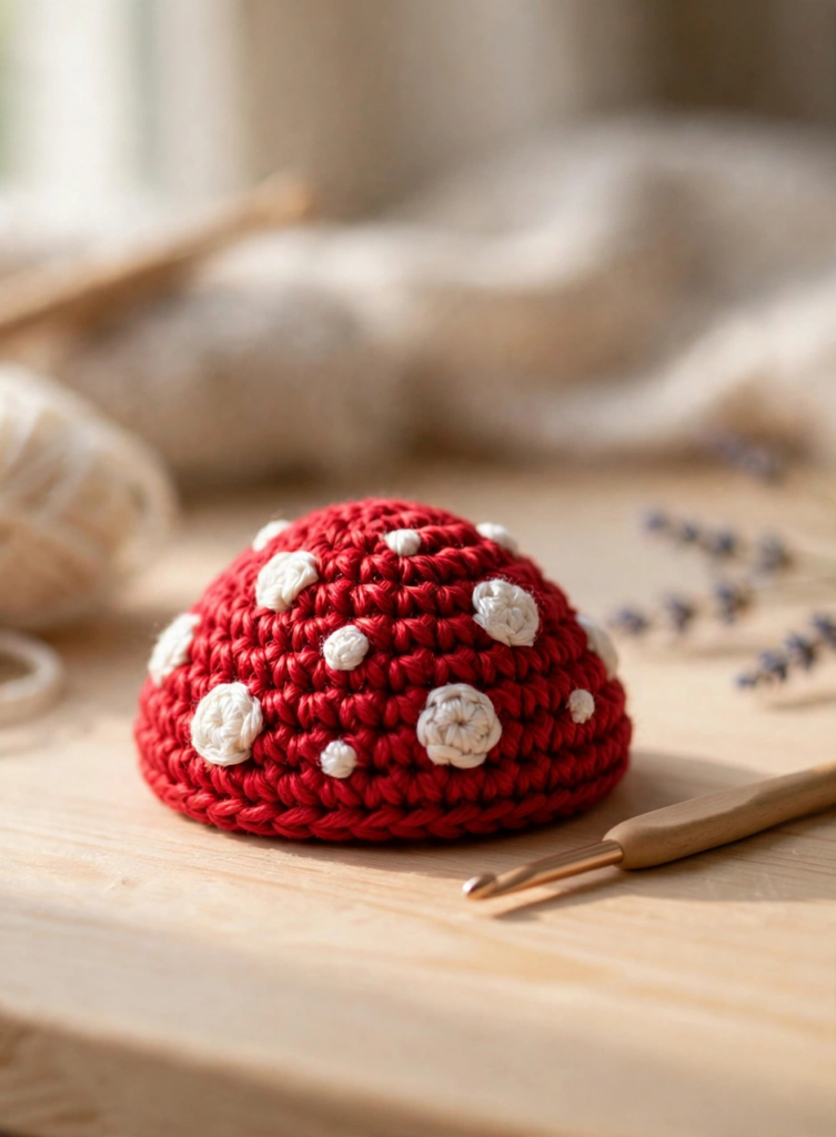 Shaping the red cap of the crochet mushroom pattern