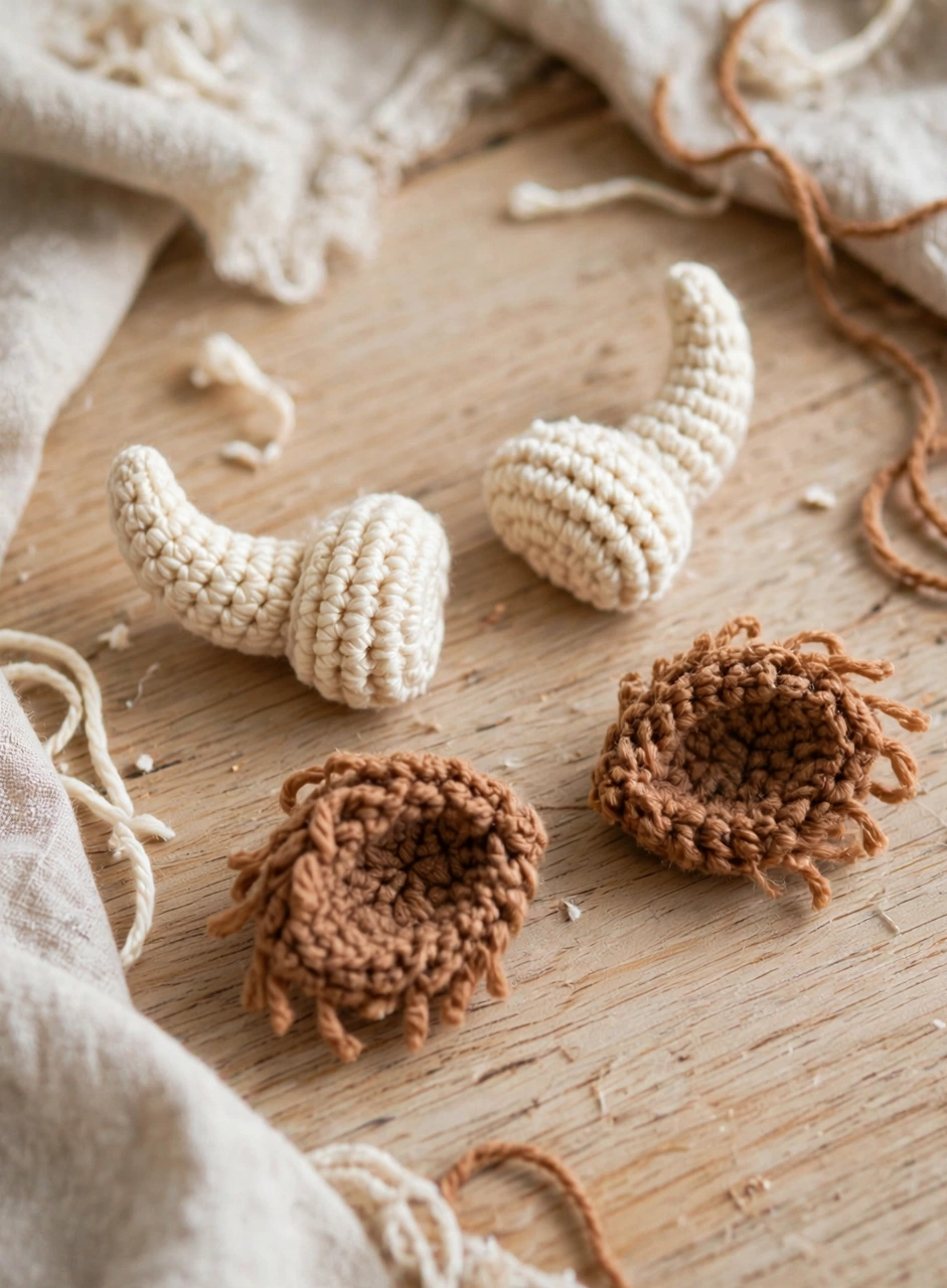 Crocheted cream horns and brown ears ready for assembly