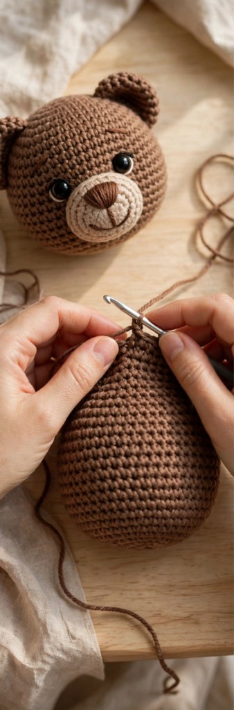 Crocheting the teddy bear body and attaching the finished head