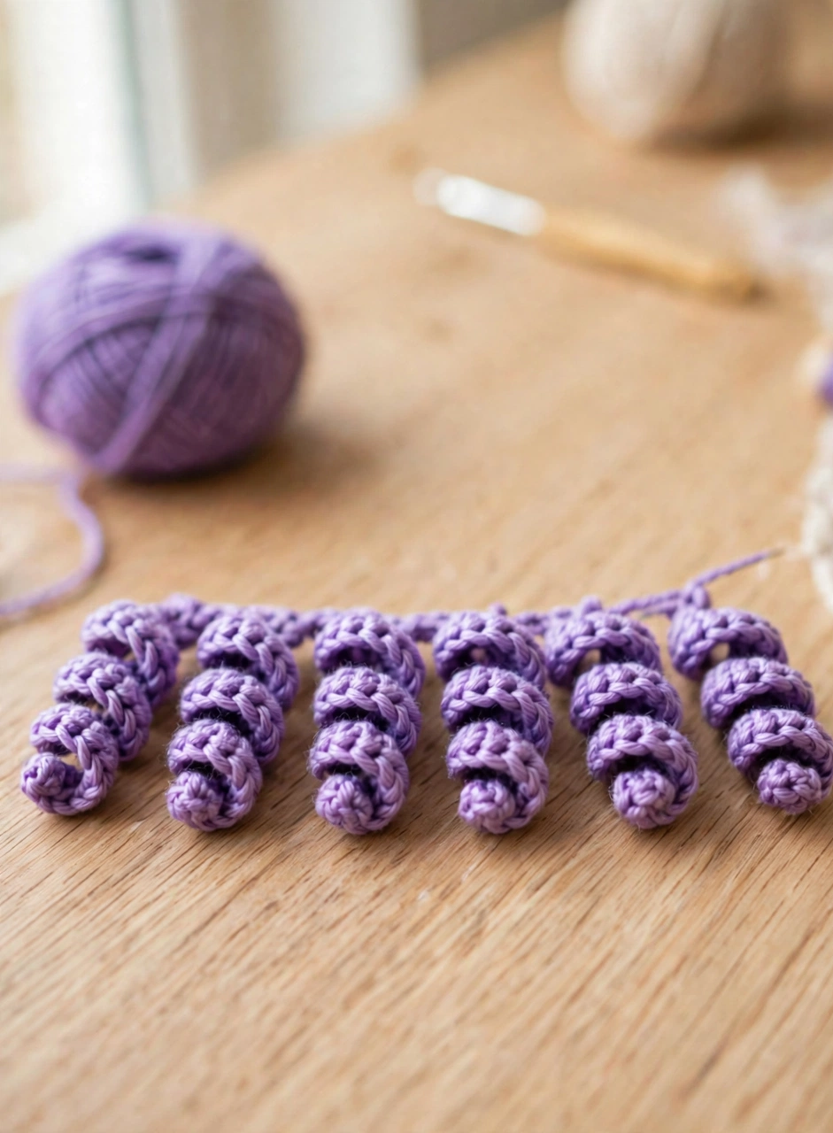 Eight curly tentacles crocheted in purple yarn for the free crochet octopus pattern