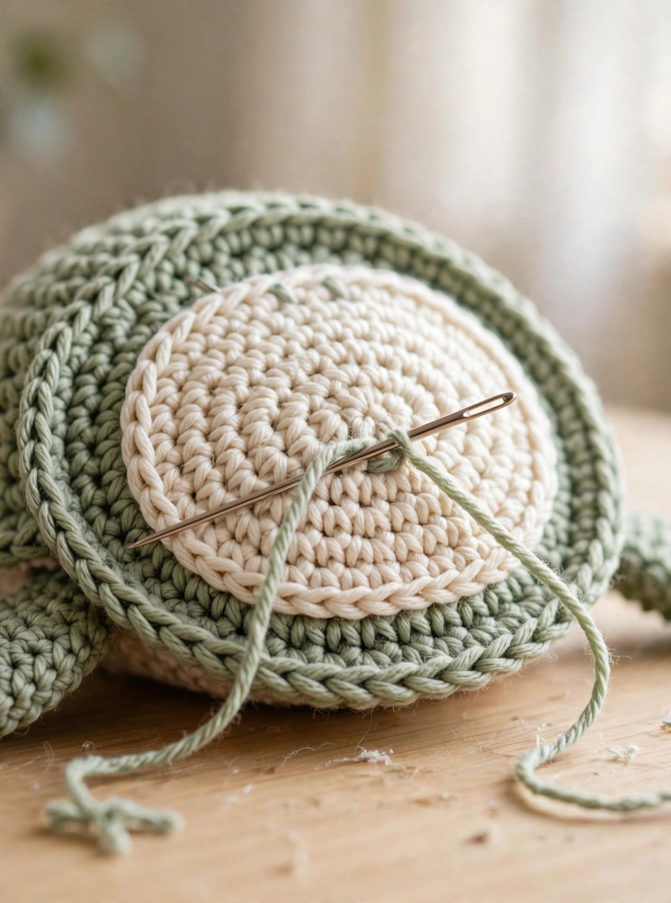 Sewing the cream belly panel onto the sage green shell of the crochet turtle