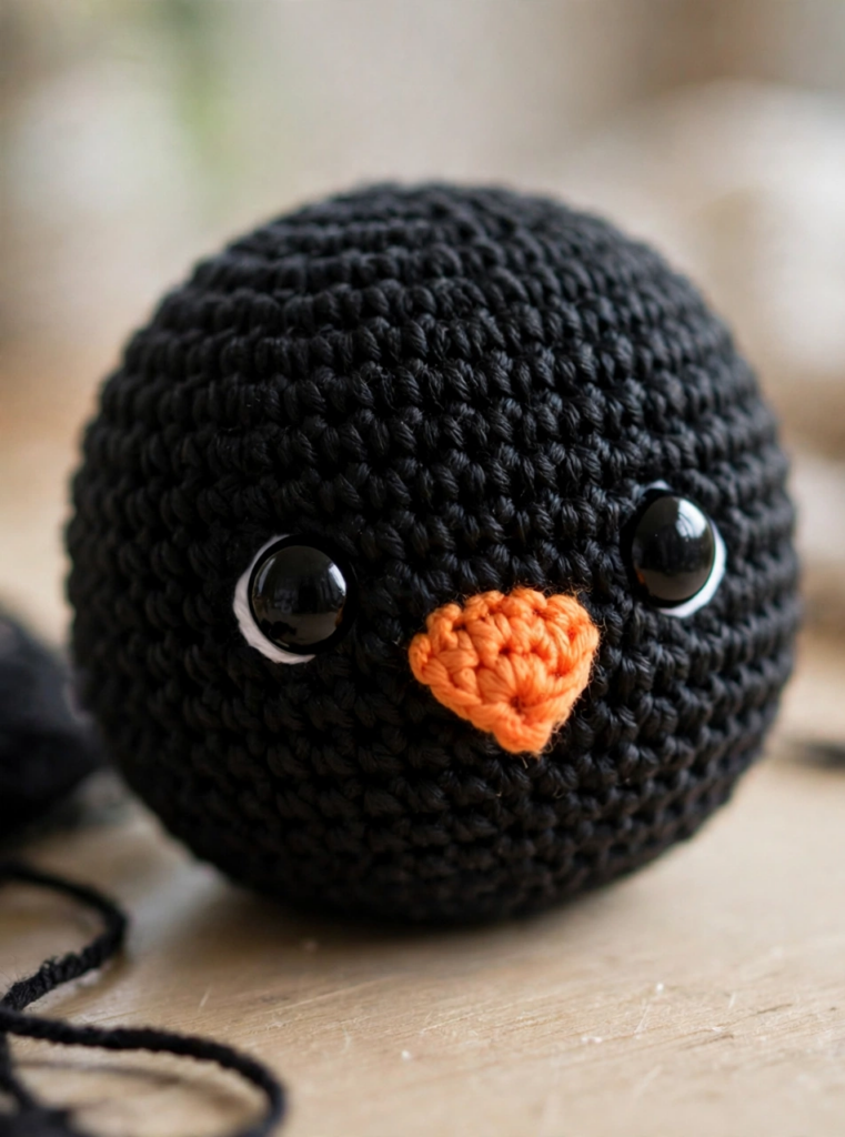 Crochet penguin head with safety eyes and orange beak