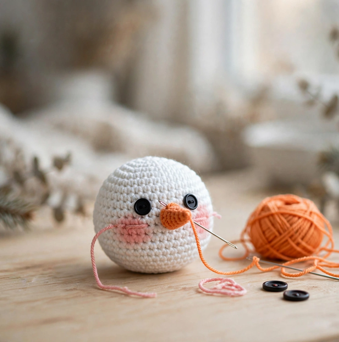 Step 3 - Sewing the orange carrot nose, black button eyes and rosy cheeks on the snowman face