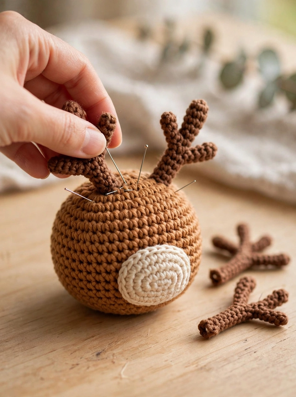 Crochet reindeer pattern step 3: pinning the branchy brown antlers onto the reindeer's head