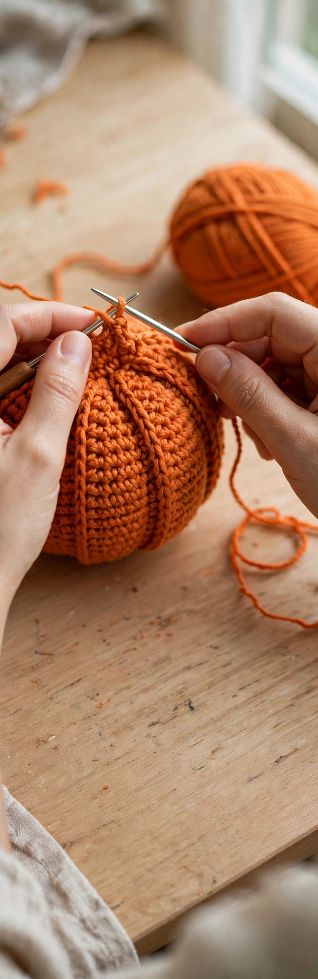 Crochet pumpkin step 2: crocheting the round orange body with vertical ridges forming