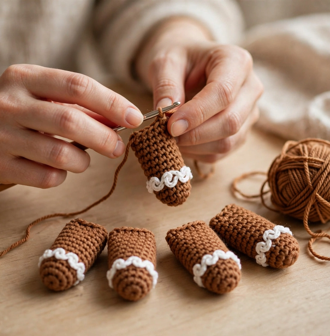 Crochet gingerbread man pattern step 3: crocheting the stubby brown arms and legs with white icing cuffs