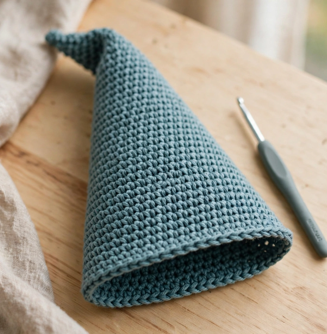 Step 3 of the crochet Christmas gnome pattern: crocheting the dusty teal cone hat.
