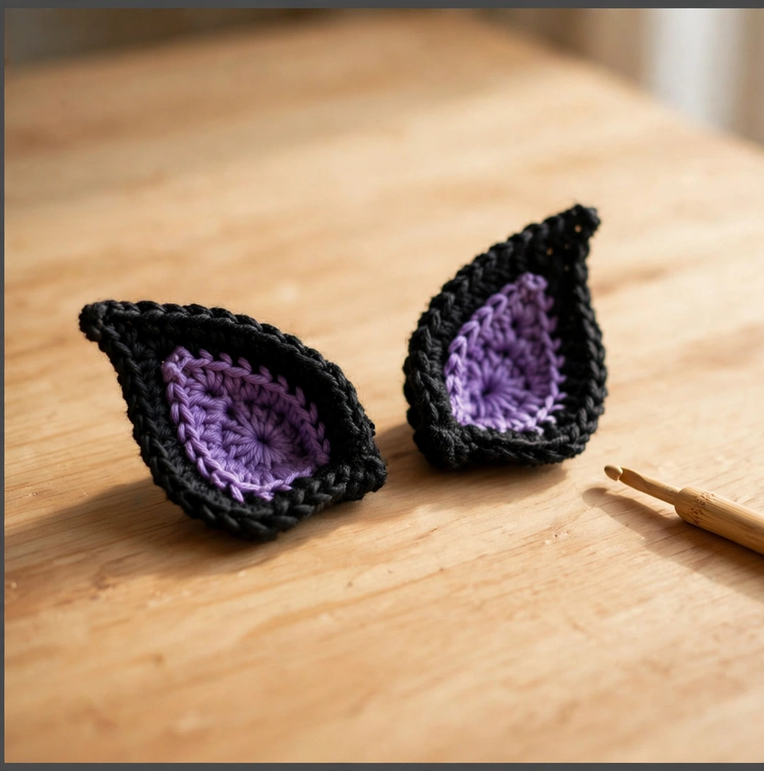 Two pointed crochet bat ears with purple inner detail