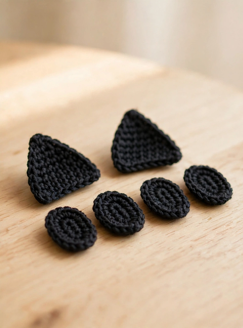 Crochet pumpkin kitty pattern step 3: two black triangle ears and four small oval paw pieces