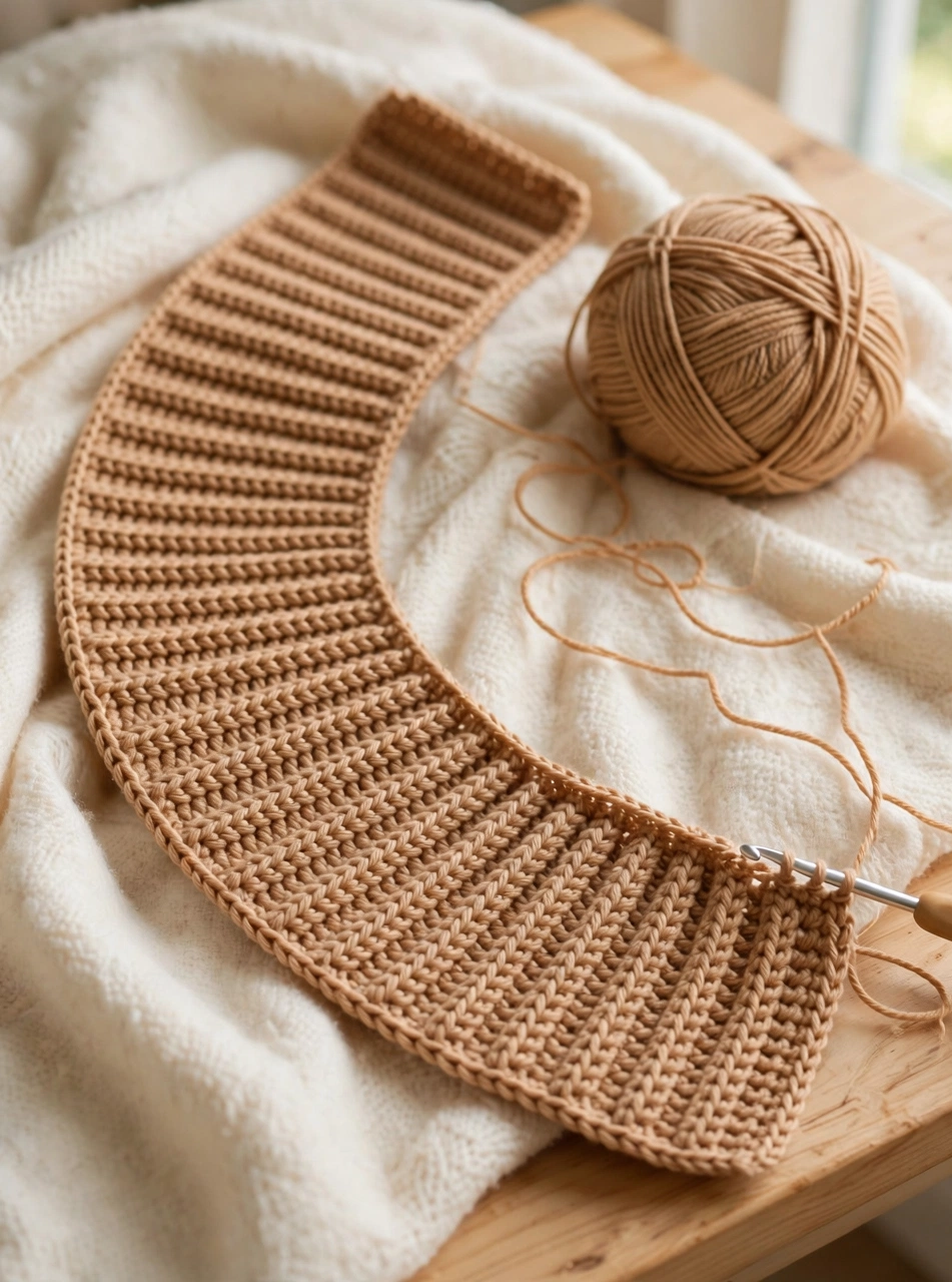 Crochet baby bear hat pattern step 3: the long flat ribbed brim band worked in back-loop single crochet rows