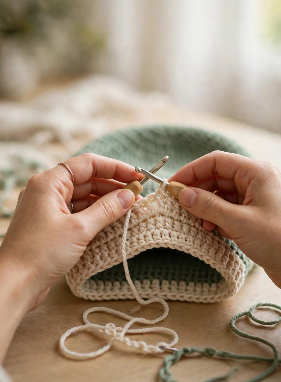 Crochet bear ears hat pattern step 3: crocheting the cream ribbed brim onto the sage green hat
