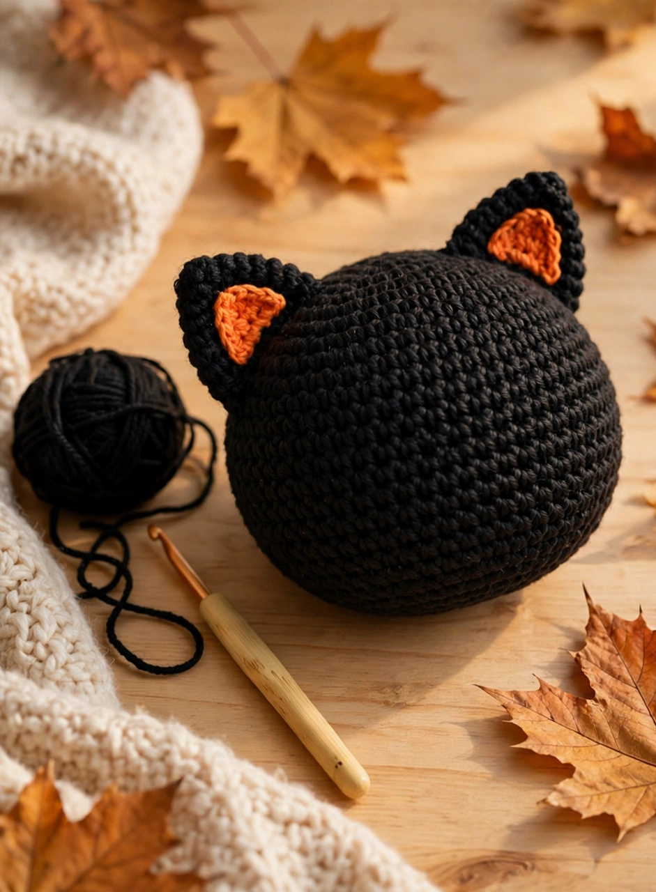 Crochet cat in pumpkin pattern step 3: the black kitty head with two triangle ears and orange inner ears
