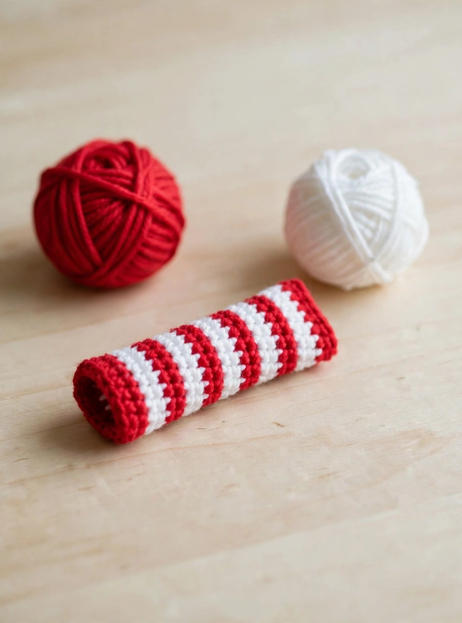 Step 3 of the crochet candy cane pattern: adding white stripes to the striped tube