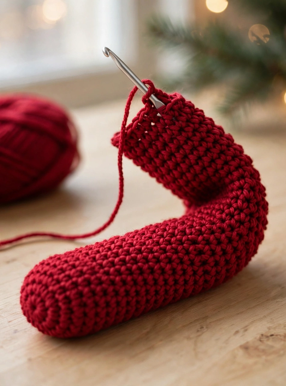 Crochet Christmas stocking pattern step 3: red foot tube worked in single crochet rounds with the hook in the last stitch