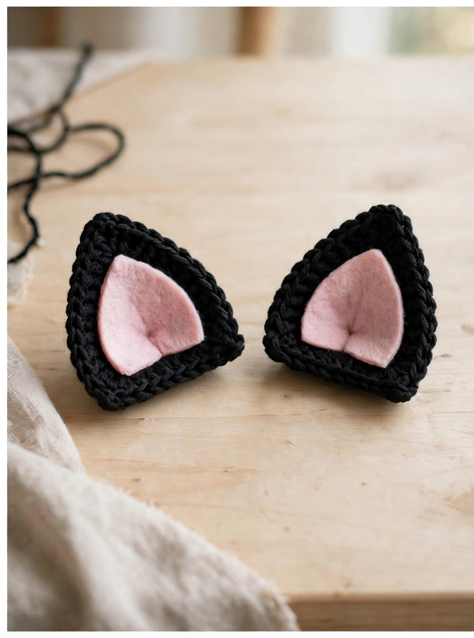Pointed triangle ears with pink inner ears for the crochet black cat pattern