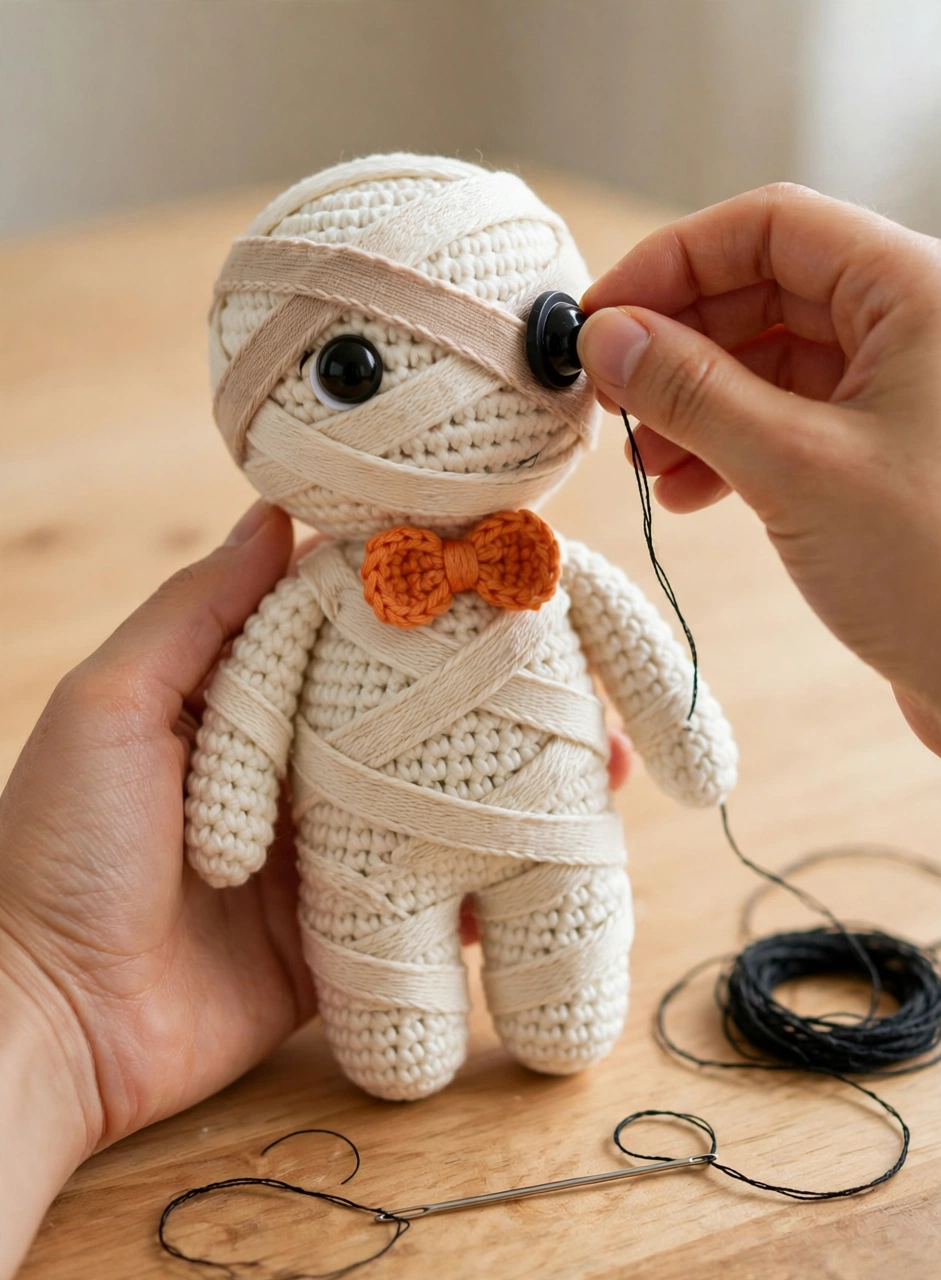Adding black safety eyes to the crochet mummy amigurumi face