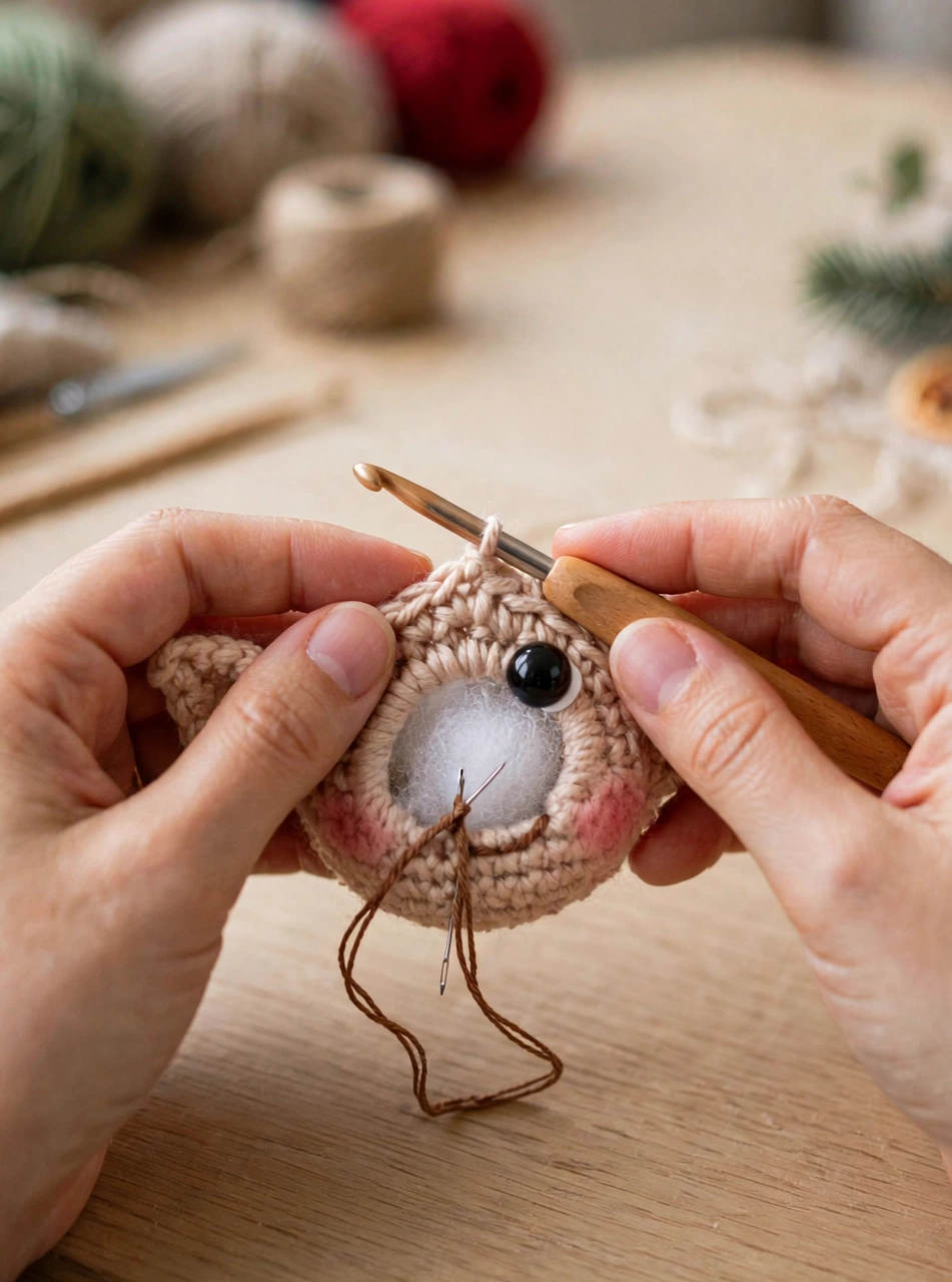 Step 3 of the crochet Christmas elf pattern — embroidering the face with safety eyes and a stitched smile