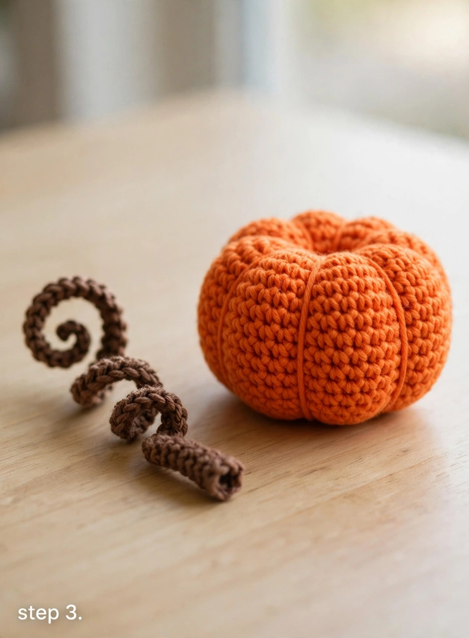 Brown curly crocheted stem next to the orange pumpkin body - step 3 of the crochet jack-o-lantern pattern