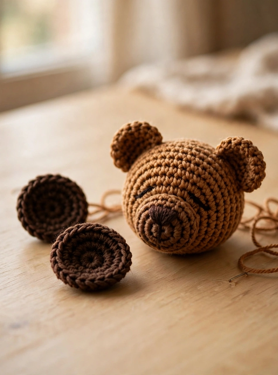 Two small dark brown crochet ears beside the bear head