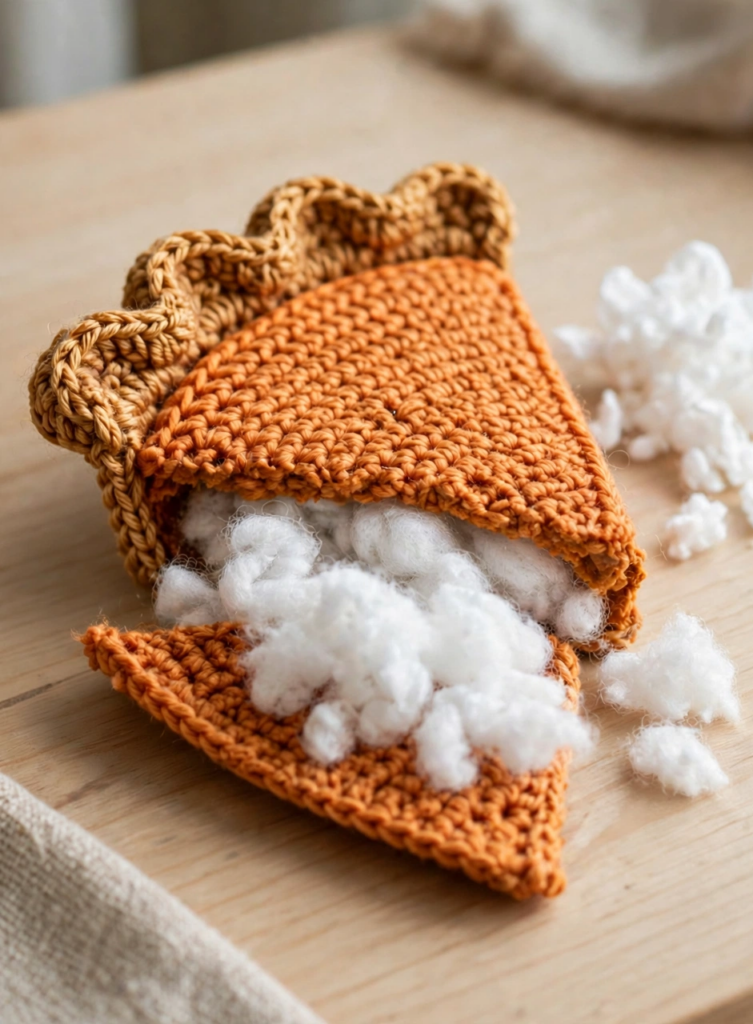Stuffing the crochet pumpkin pie pattern slice lightly with fiberfill