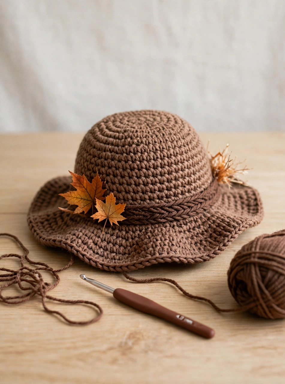 Brown crocheted floppy scarecrow hat with darker band and autumn leaves
