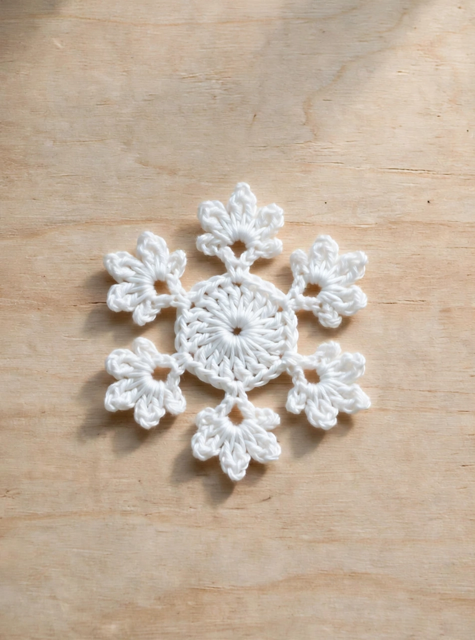 Step 3 of the crochet snowflake ornament pattern: petal clusters of double crochet worked into the chain loops