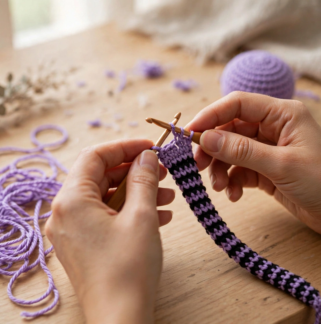 Step 3 of the crochet spider pattern: crocheting the long striped spider legs