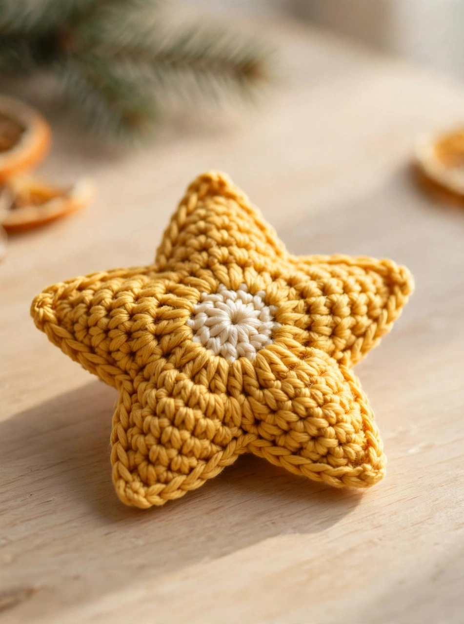 Completed flat five-pointed golden crochet Christmas star ornament with cream centre