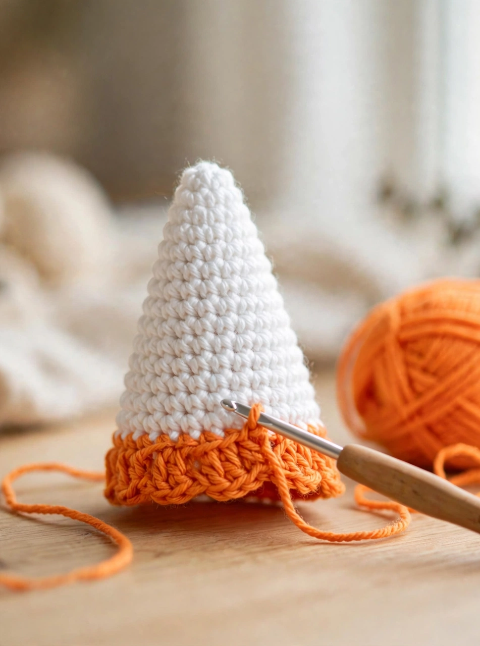 Step 3 of the crochet candy corn pattern: adding the orange middle section