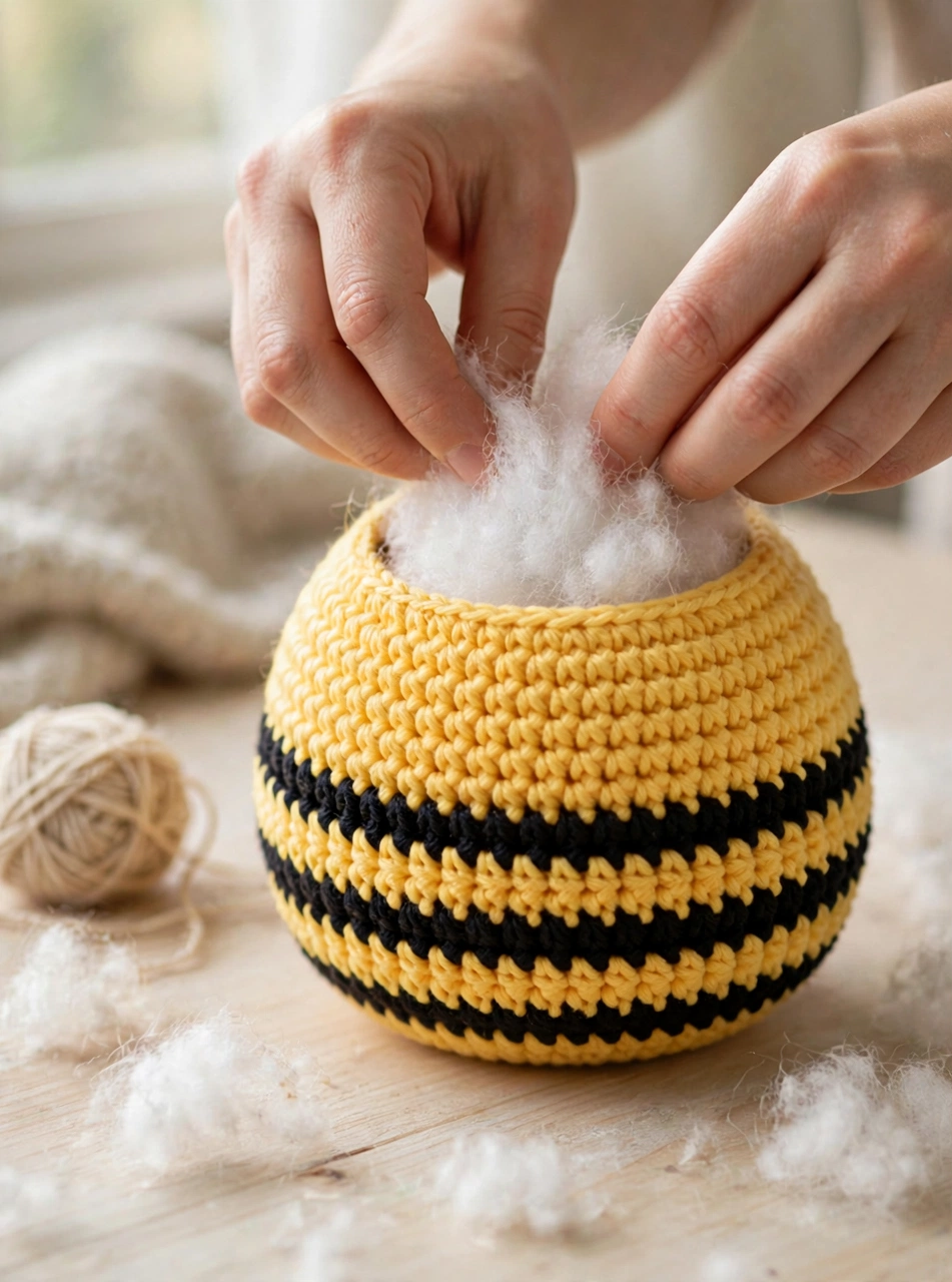 Stuffing the striped amigurumi bee body with white fiberfill