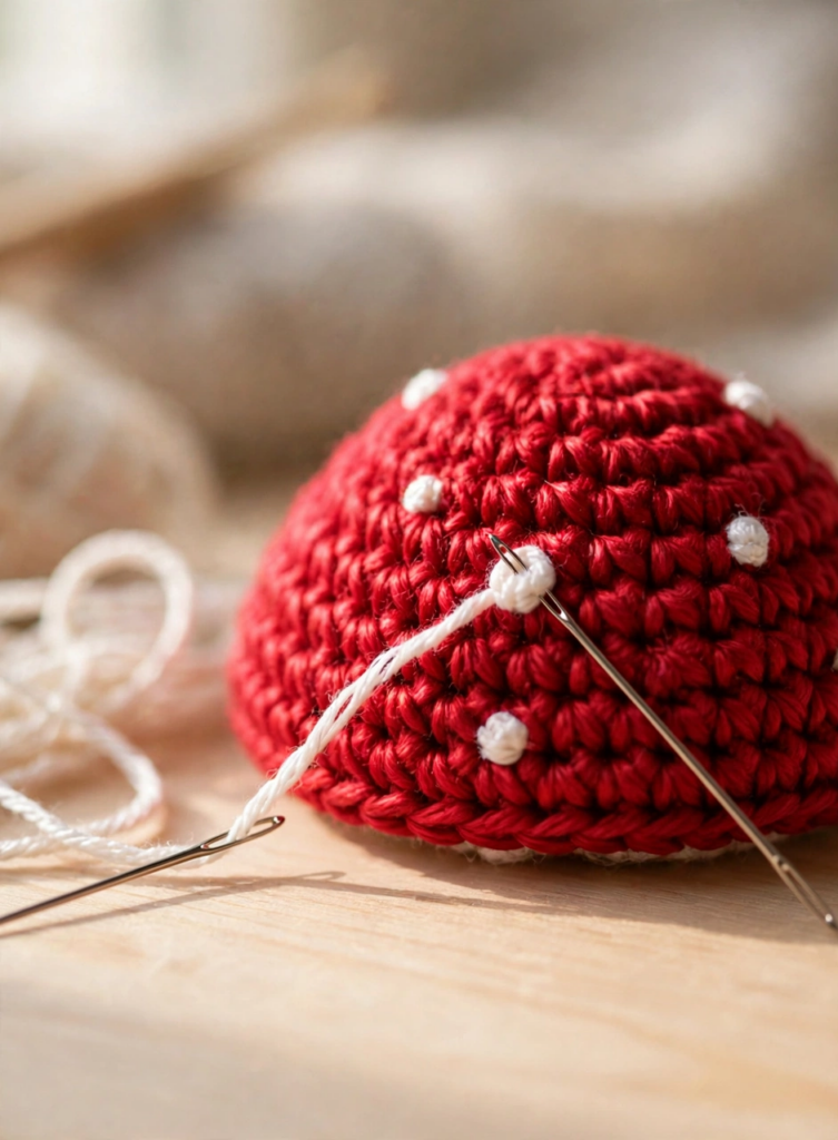 Embroidering white spots on the cap of the crochet mushroom pattern