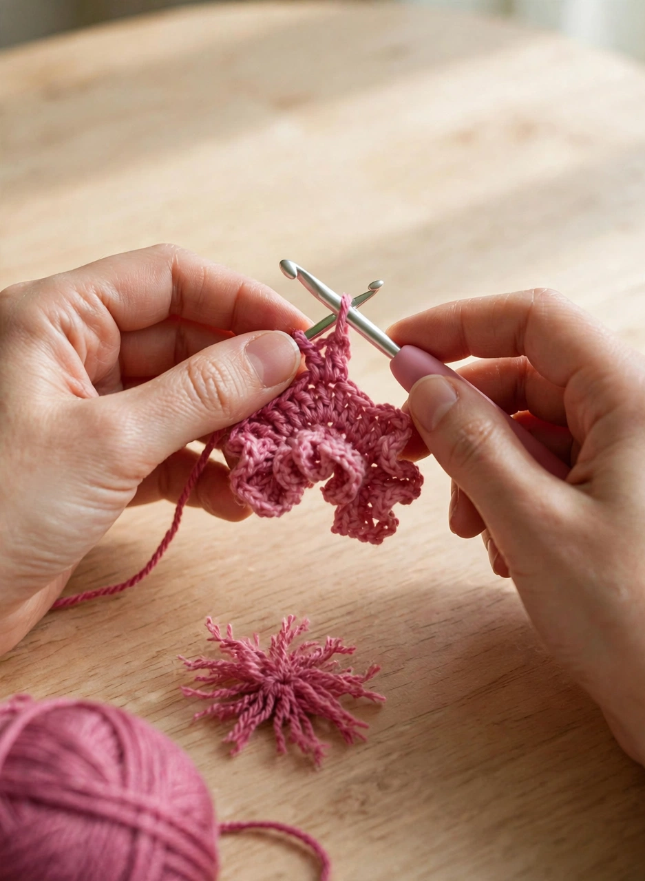 Step 3: crocheting frilly gills with darker pink yarn for the axolotl