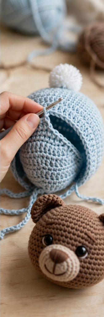 Crocheting the light blue bonnet with a white pompom for the teddy bear